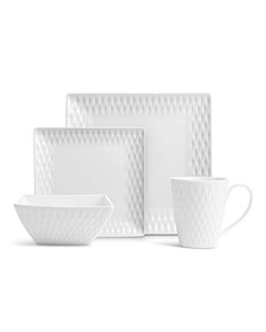 Royalty Art 32 Pc. Square Diamand Porcelain Dishes Set – White Dinner Plates, Bowls, Coffee Cups
