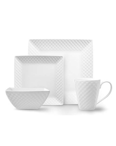 Royalty Art 32 Pc. Square Basketweave Porcelain Dishes Set – White Dinner Plates, Bowls, Coffee Cups