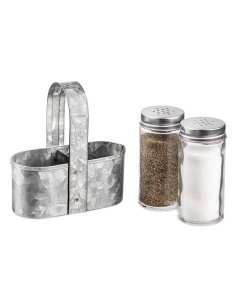 Royalty Art Farmhouse Salt and Pepper Holder with Carry Handle, Rustic Home Decor for Kitchen Counter, Picnic Table, BBQ, and Camping, Silver Galvanized Steel