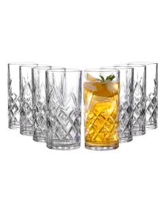 Royalty Art Tall Highball Glasses Set of 8, 12 Ounce Cups, Textured Designer Glassware for Drinking Water, Beer,  Dishwasher Safe