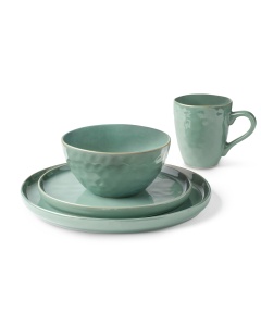16 Piece Dish Set with Salad and Dinner Plates, Coffee Cups and Soup Bowls, Crafted with Mercerie Reactive, Elegant Green 
