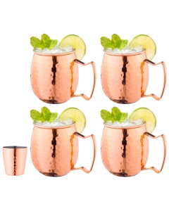 Moscow Mule Copper Mugs with Handles (4-Pack) 1 Shot Glass Classic Drinking Cup Set Home, Kitchen, Bar Drinkware Helps Keep Drinks Colder, Longer Food-Grade Safe Lining with 1 Shot Glass (16 oz)