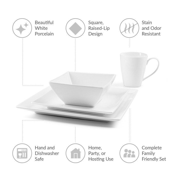 Art 32 Pc. Square Pure Porcelain Dishes Set – Dinner Plates, Bowls, Coffee